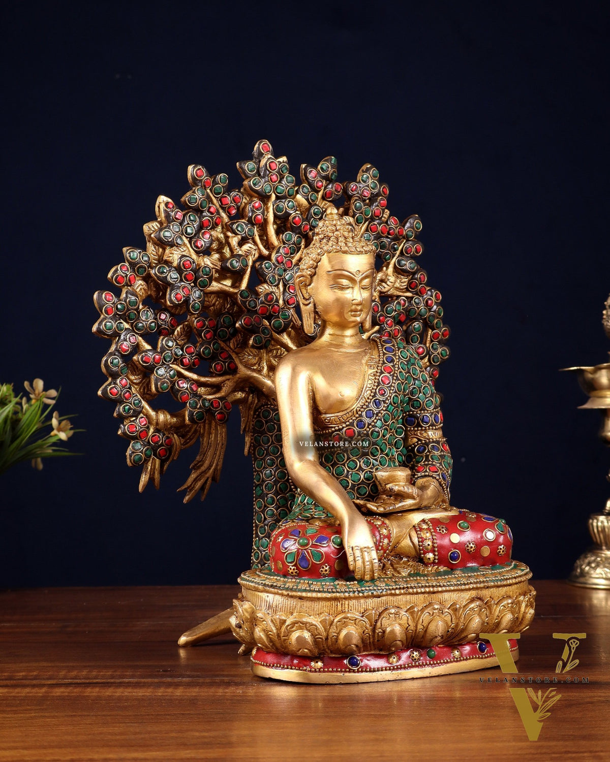Pure Brass Buddha Statue with Kalpavriksha Tree – Stone Embellished 11"