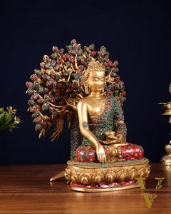 Pure Brass Buddha Statue with Kalpavriksha Tree – Stone Embellished 11"