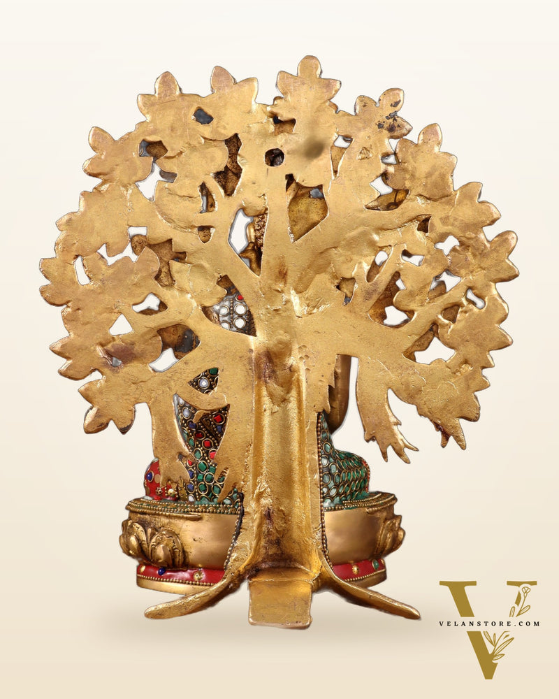 Pure Brass Buddha Statue with Kalpavriksha Tree – Stone Embellished 11"