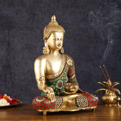 Pure Brass Buddha Statue with Meenakari Work 16 inch