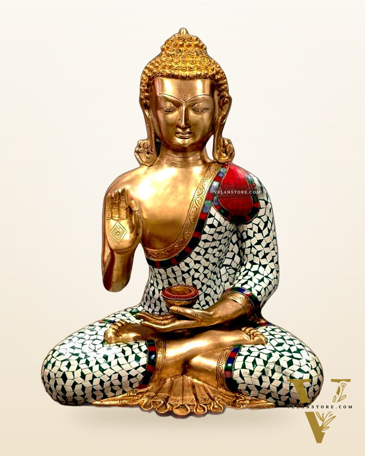 Pure Brass Buddha Statue with White Stonework – 20” x 16” x 10”