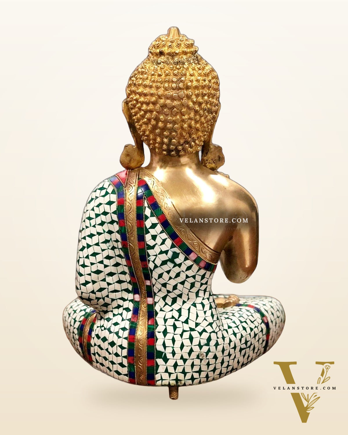 Pure Brass Buddha Statue with White Stonework – 20” x 16” x 10”
