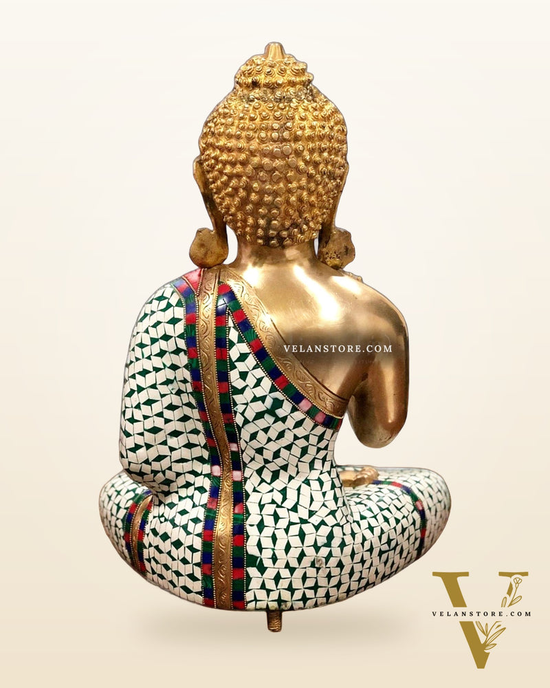 Pure Brass Buddha Statue with White Stonework – 20” x 16” x 10”