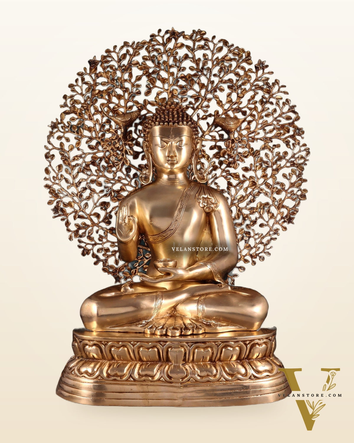 Pure Brass Buddha with Kalpavriksha Tree Statue 29"