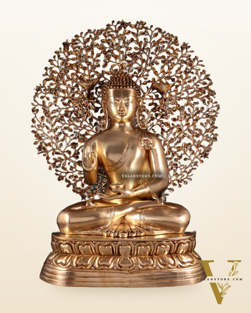 Pure Brass Buddha with Kalpavriksha Tree Statue 29"