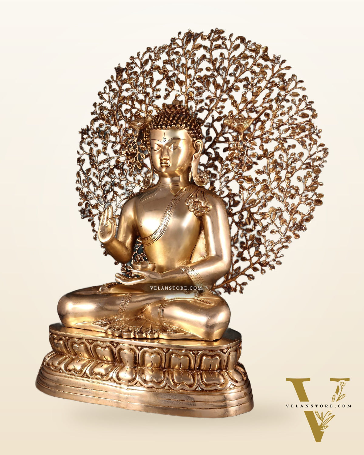Pure Brass Buddha with Kalpavriksha Tree Statue 29"