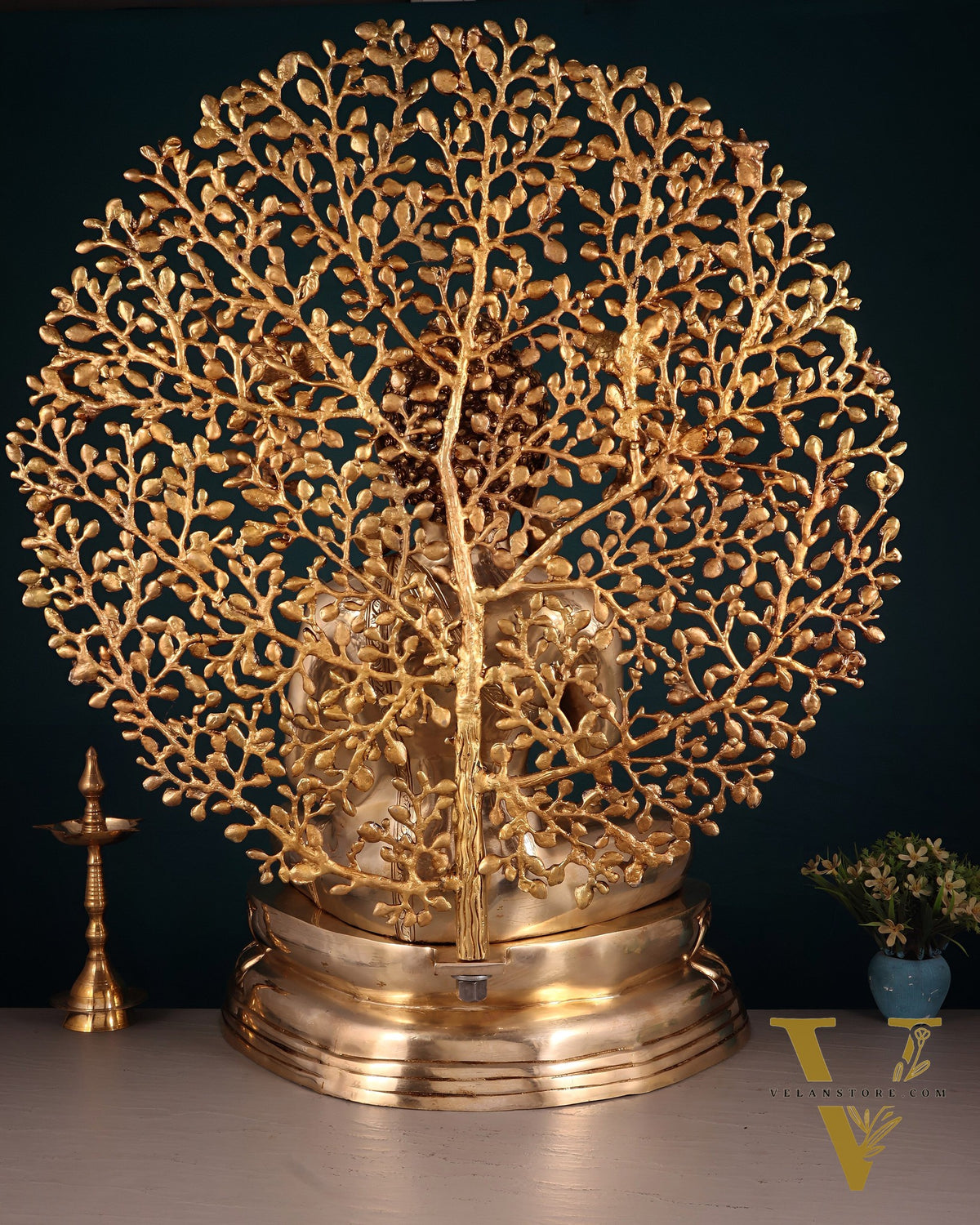 Pure Brass Buddha with Kalpavriksha Tree Statue 29"