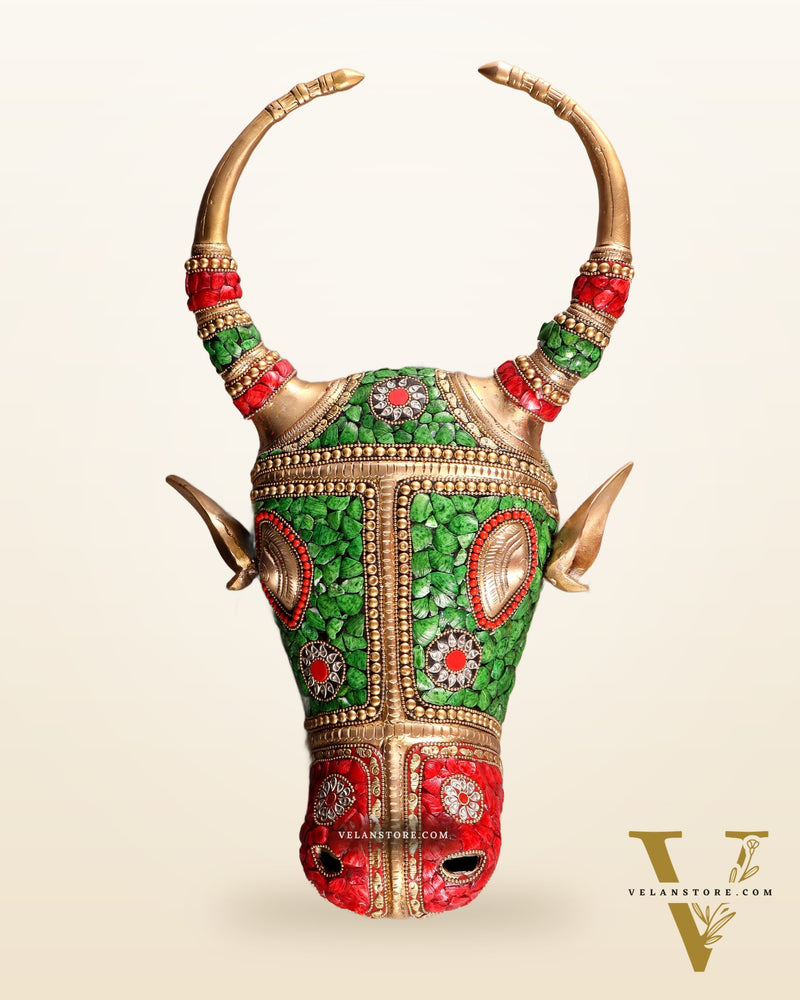 Pure Brass bull Face Wall Hanging with Meenakari Stonework – 18.5” | 5.5 kg