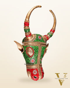 Pure Brass bull Face Wall Hanging with Meenakari Stonework – 18.5” | 5.5 kg