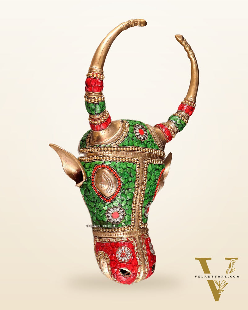 Pure Brass bull Face Wall Hanging with Meenakari Stonework – 18.5” | 5.5 kg