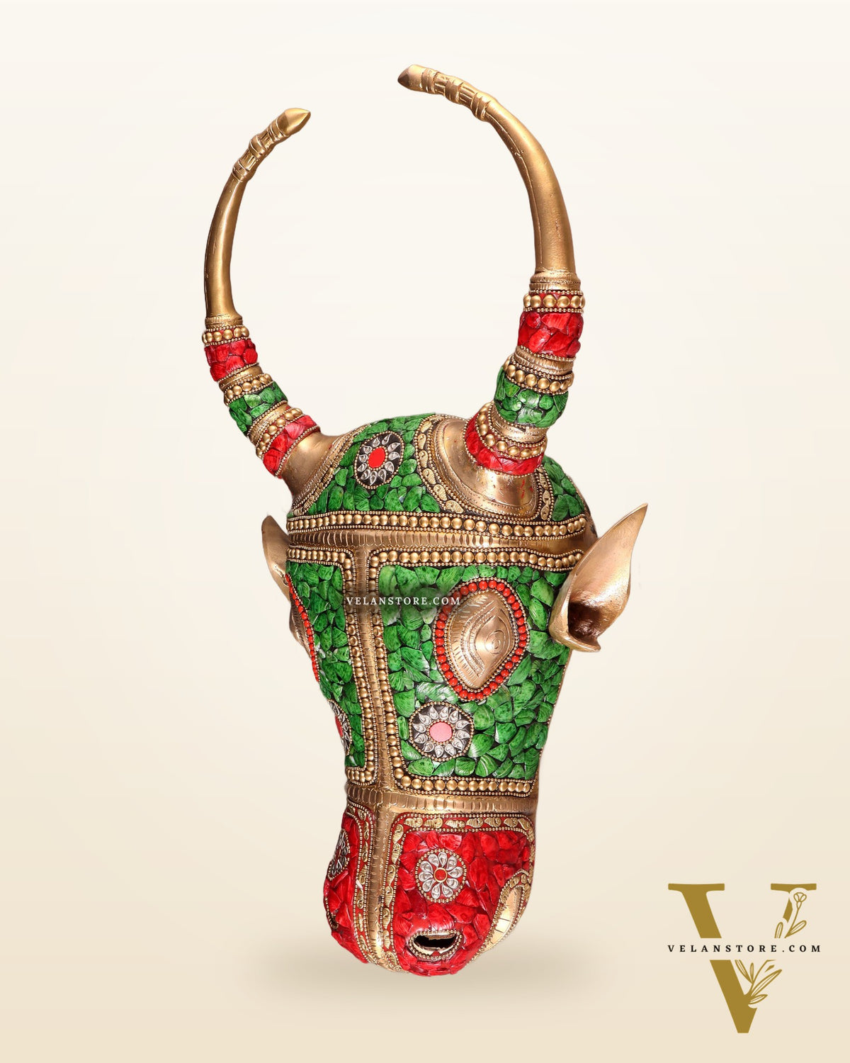 Pure Brass bull Face Wall Hanging with Meenakari Stonework – 18.5” | 5.5 kg