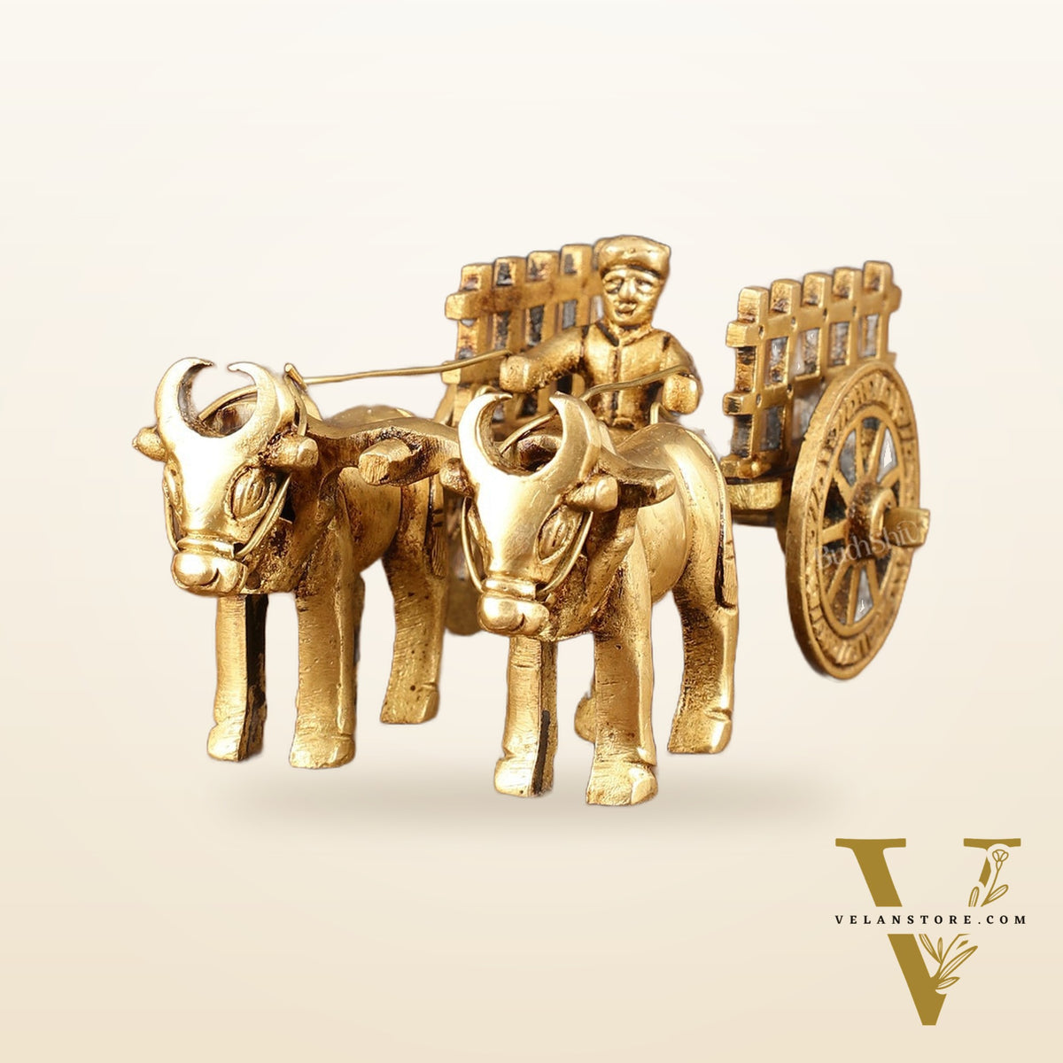 Pure Brass Bullock Cart Showpiece with Indian villager - 2" Height