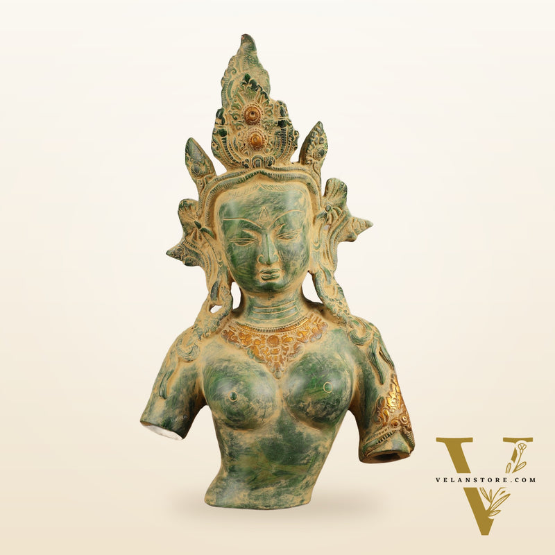 Pure Brass Cambodian Tara Bust Antique Sculpture - 13" Height