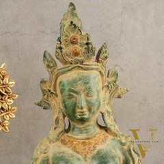 Pure Brass Cambodian Tara Bust Antique Sculpture - 13" Height