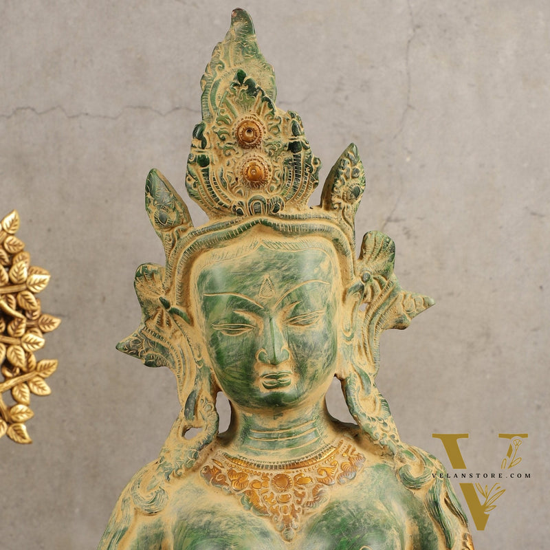 Pure Brass Cambodian Tara Bust Antique Sculpture - 13" Height