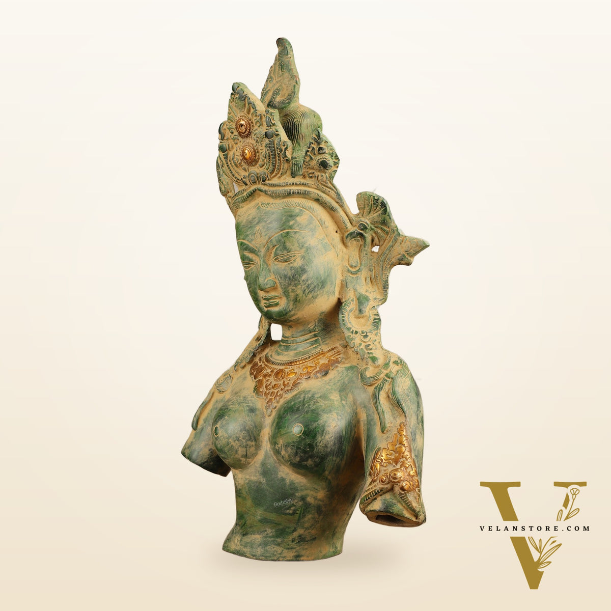 Pure Brass Cambodian Tara Bust Antique Sculpture - 13" Height