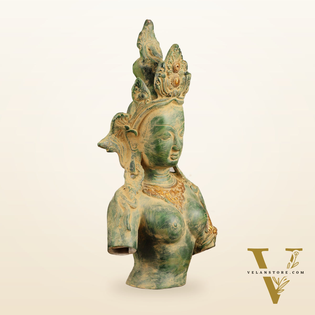 Pure Brass Cambodian Tara Bust Antique Sculpture - 13" Height