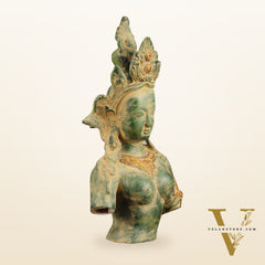 Pure Brass Cambodian Tara Bust Antique Sculpture - 13" Height