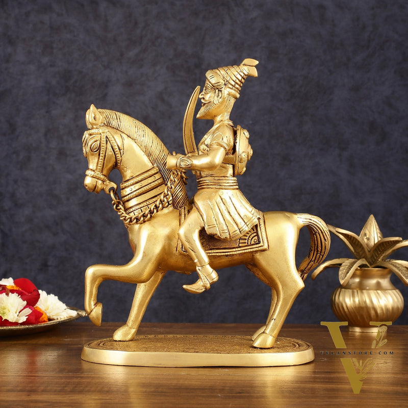 Pure Brass Chhatrapati Shivaji Maharaj Sitting on Horse Statue - 10.5" Height