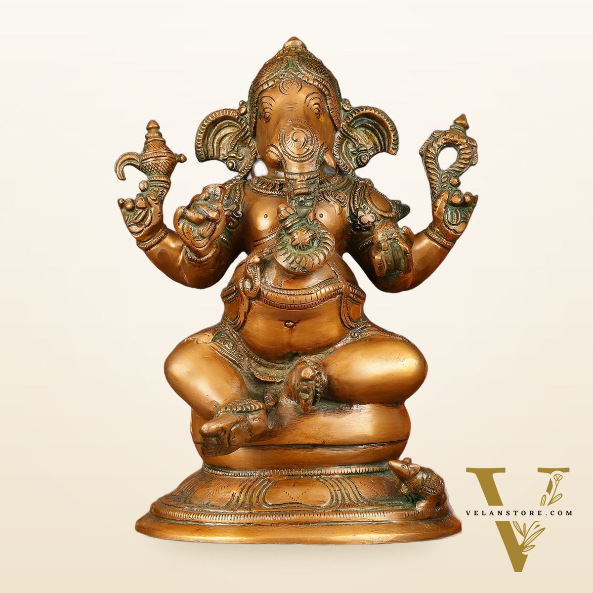 Pure Brass Chola Ganesha Statue - Antique Bronze Finish, 12"