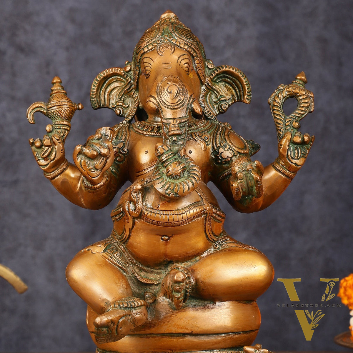 Pure Brass Chola Ganesha Statue - Antique Bronze Finish, 12"