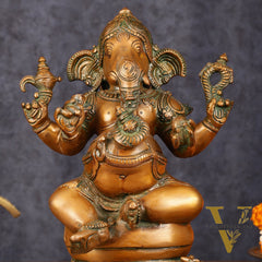 Pure Brass Chola Ganesha Statue - Antique Bronze Finish, 12"