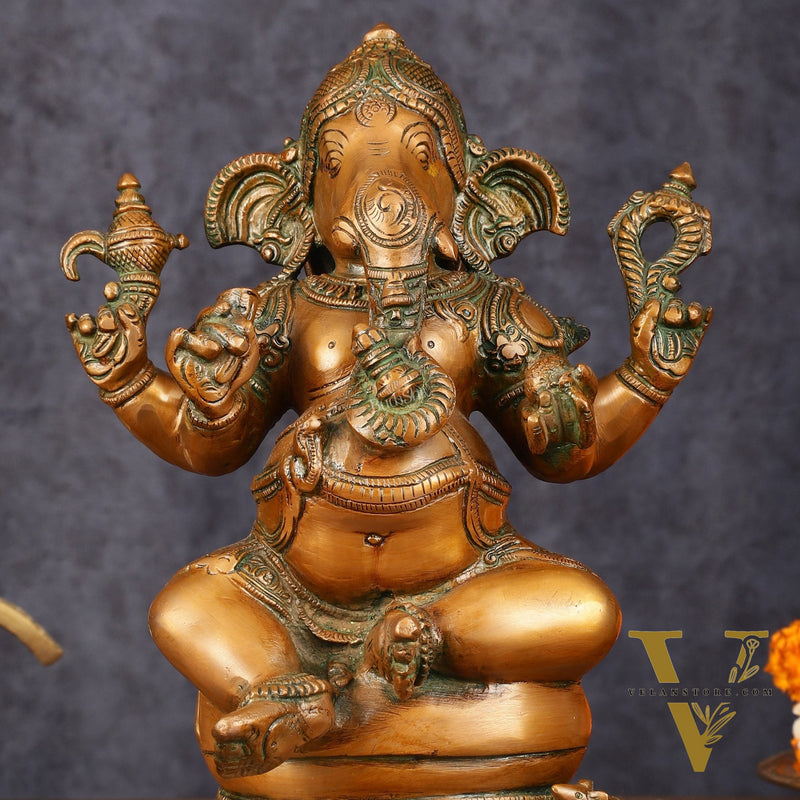 Pure Brass Chola Ganesha Statue - Antique Bronze Finish, 12"