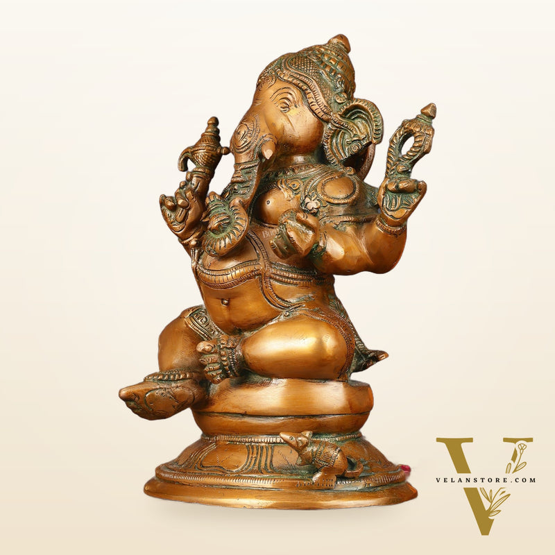 Pure Brass Chola Ganesha Statue - Antique Bronze Finish, 12"