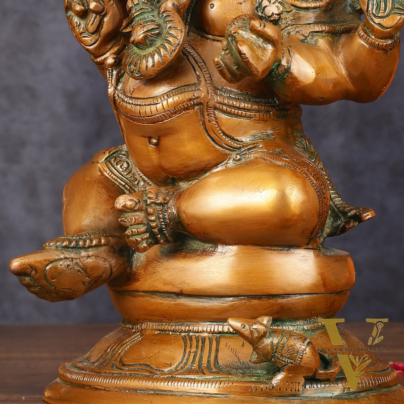 Pure Brass Chola Ganesha Statue - Antique Bronze Finish, 12"