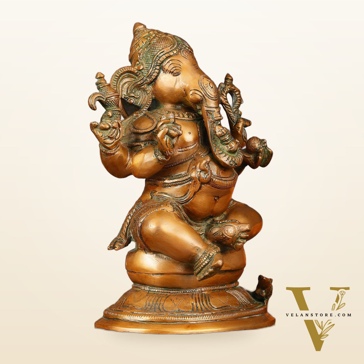 Pure Brass Chola Ganesha Statue - Antique Bronze Finish, 12"