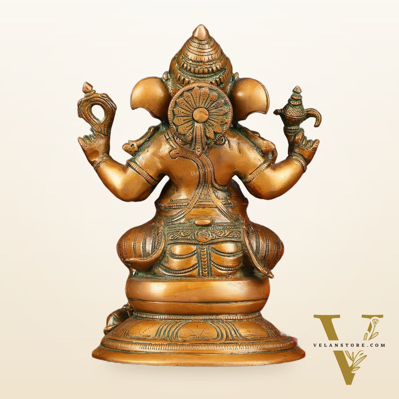 Pure Brass Chola Ganesha Statue - Antique Bronze Finish, 12"