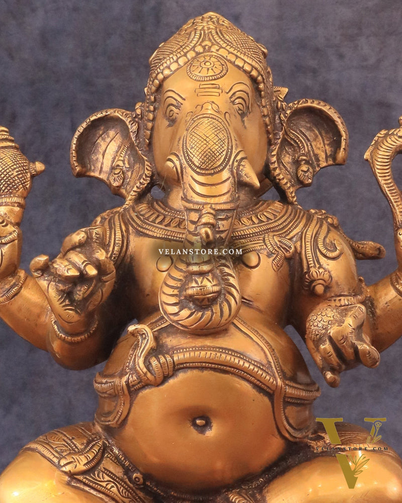 Pure Brass Chola Style Ganesha Statue in Antique Tone - 13"