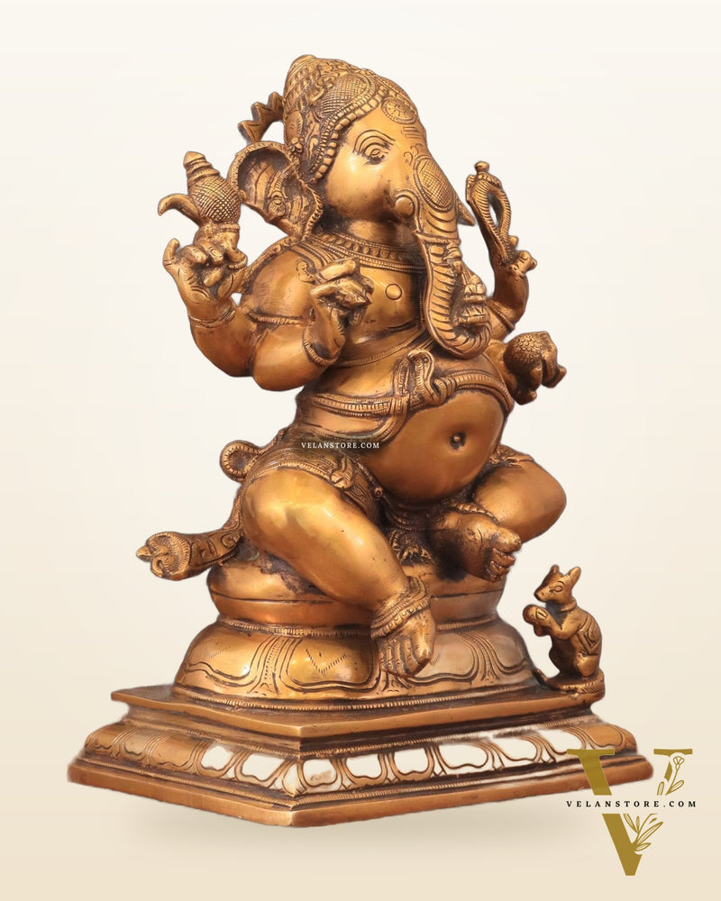 Pure Brass Chola Style Ganesha Statue in Antique Tone - 13"