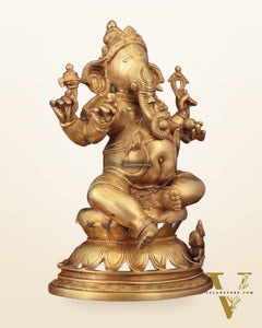 Pure Brass Chola Style Ganesha Statue in golden Tone - 13"