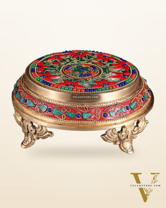 Pure Brass Chowki with Floral Stonework for Idols 7"