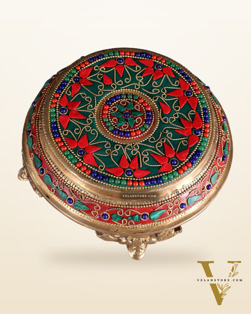 Pure Brass Chowki with Floral Stonework for Idols 7"
