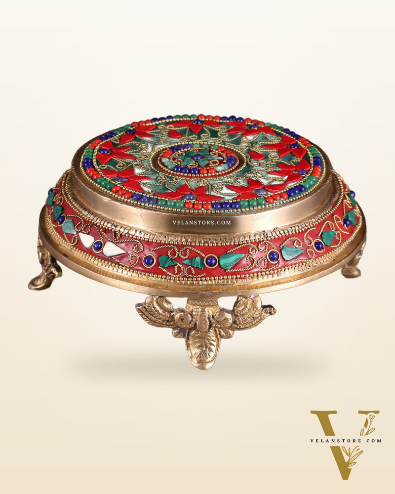 Pure Brass Chowki with Floral Stonework for Idols 7"