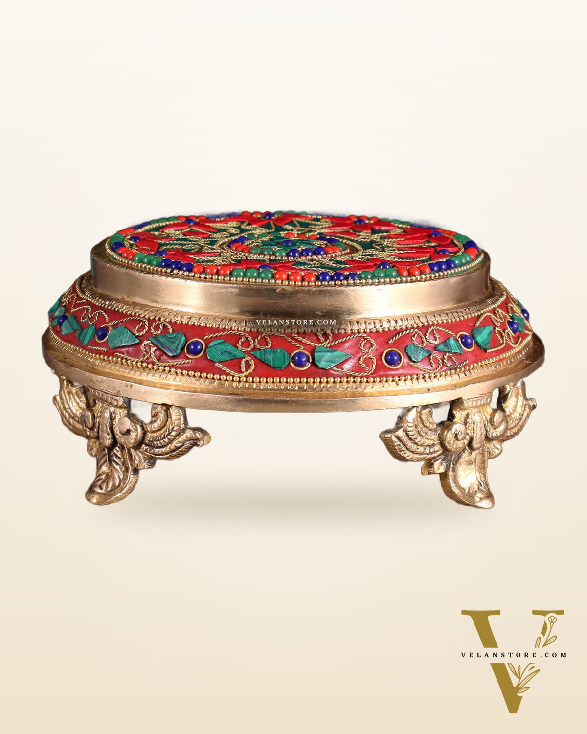 Pure Brass Chowki with Floral Stonework for Idols 7"