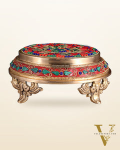 Pure Brass Chowki with Floral Stonework for Idols 7"