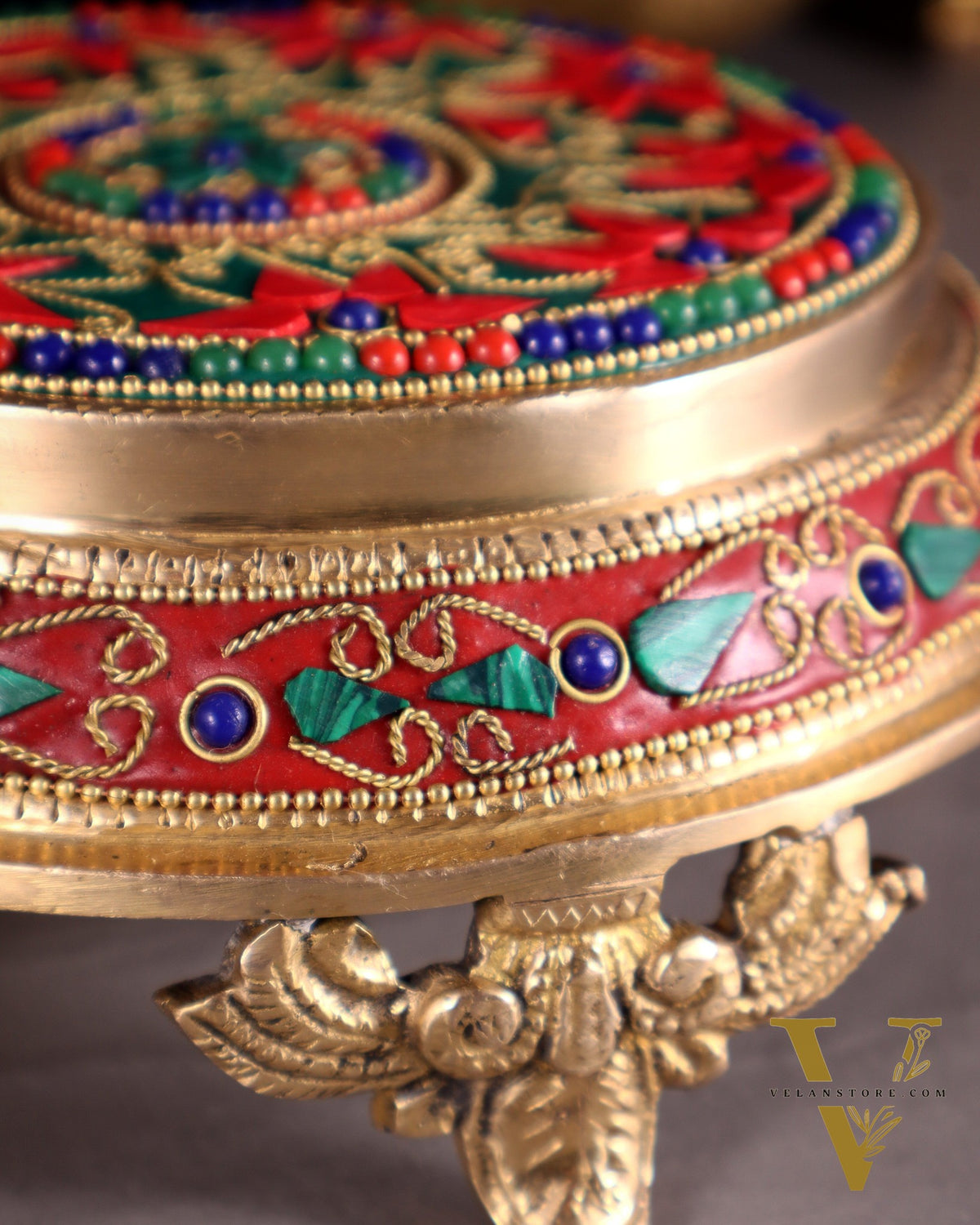 Pure Brass Chowki with Floral Stonework for Idols 7"