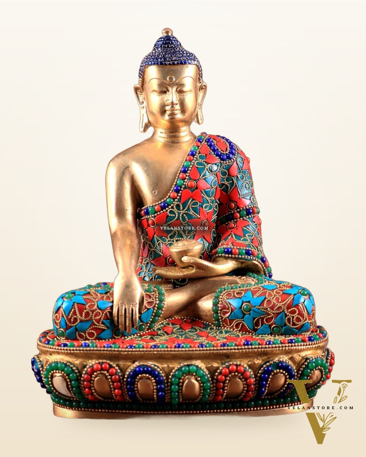 Pure Brass colourful Buddha Statue with Hand Down - 9.5" stonework