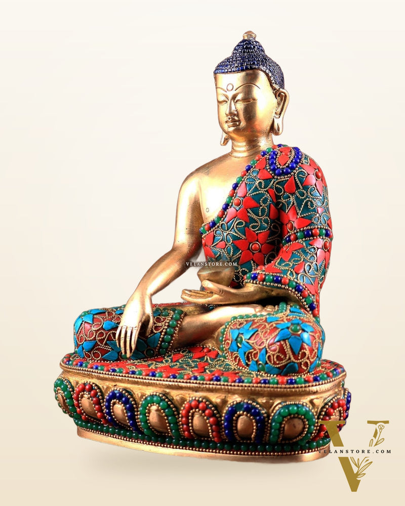 Pure Brass colourful Buddha Statue with Hand Down - 9.5" stonework