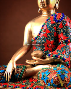 Pure Brass colourful Buddha Statue with Hand Down - 9.5" stonework
