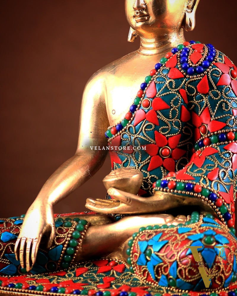 Pure Brass colourful Buddha Statue with Hand Down - 9.5" stonework