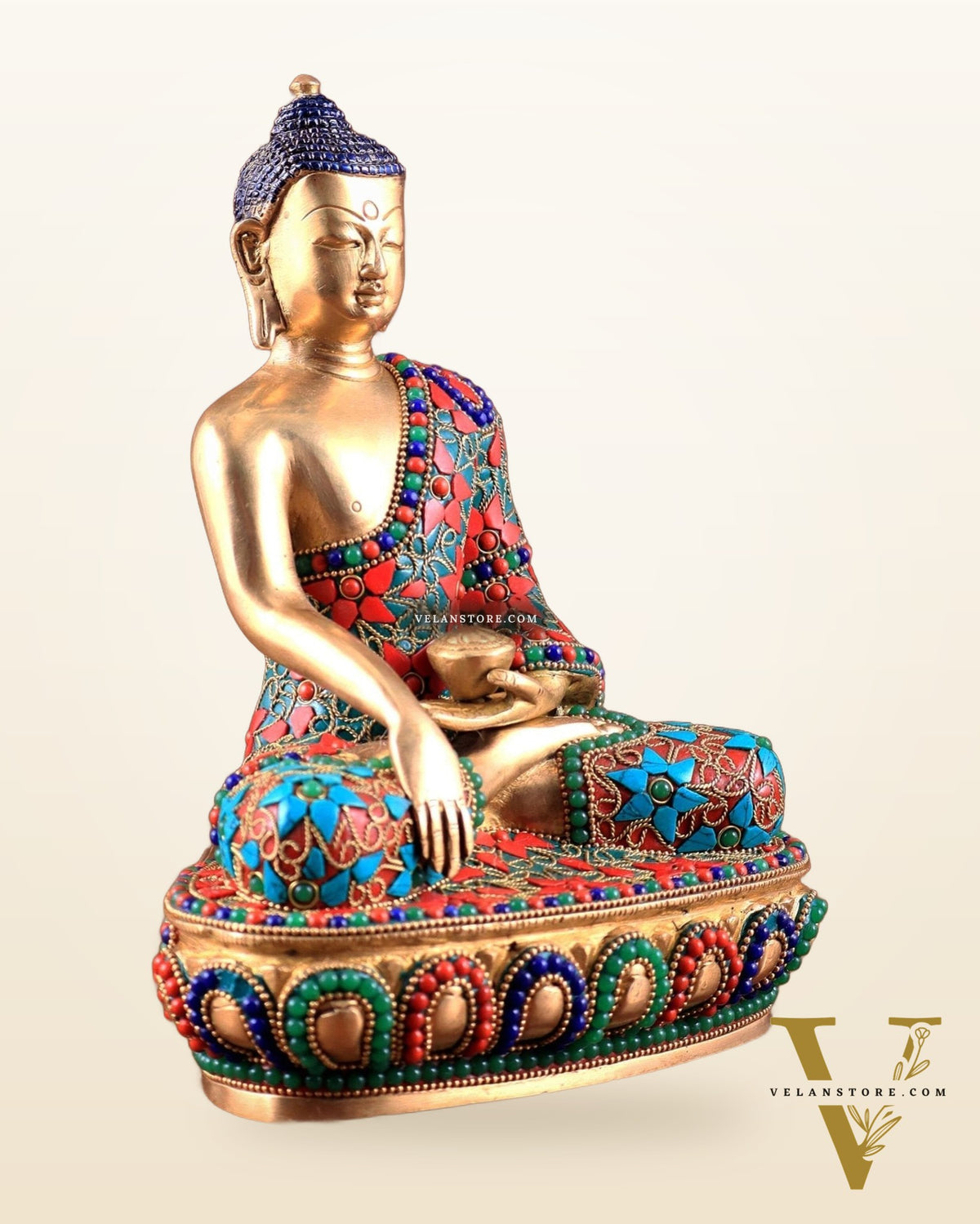 Pure Brass colourful Buddha Statue with Hand Down - 9.5" stonework