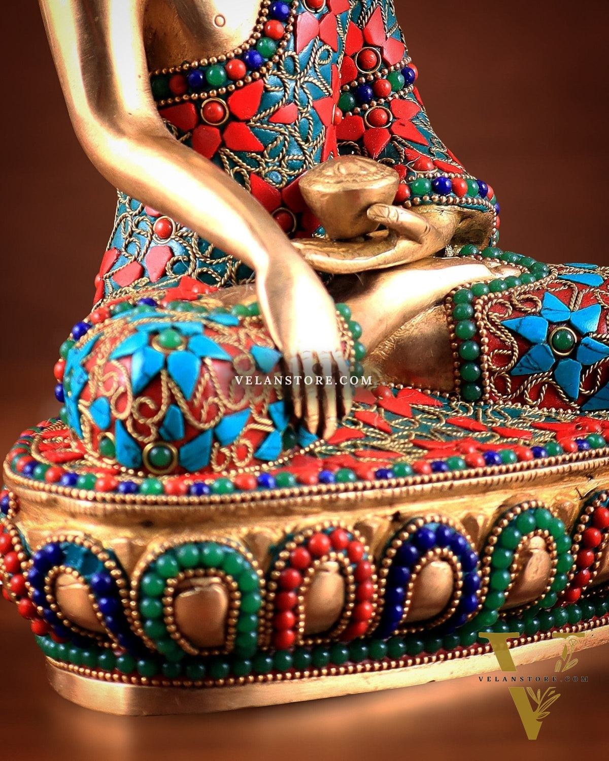 Pure Brass colourful Buddha Statue with Hand Down - 9.5" stonework