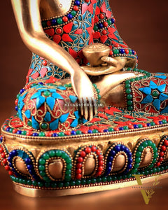 Pure Brass colourful Buddha Statue with Hand Down - 9.5" stonework