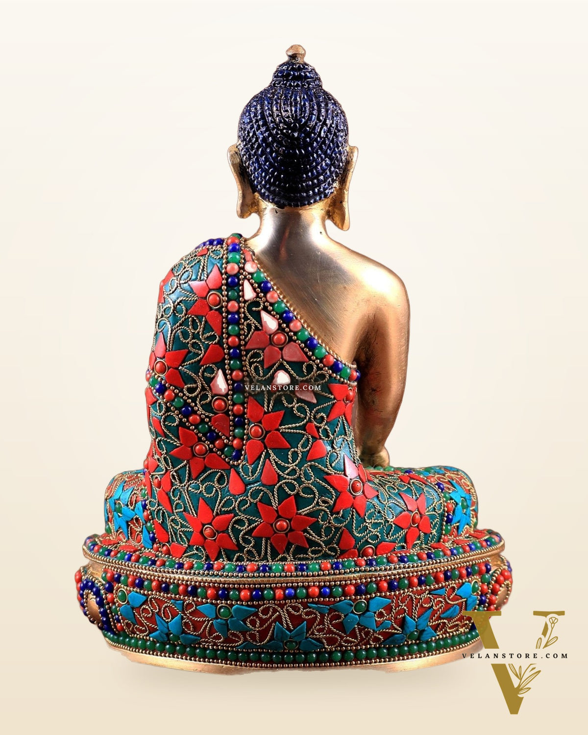 Pure Brass colourful Buddha Statue with Hand Down - 9.5" stonework