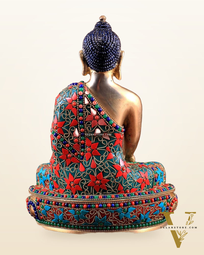 Pure Brass colourful Buddha Statue with Hand Down - 9.5" stonework