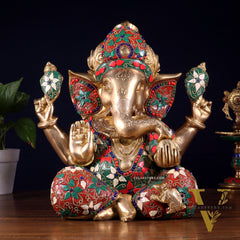 Pure Brass Crown Ganesha Statue – Sharp Features meenakari Stonework 13 inch
